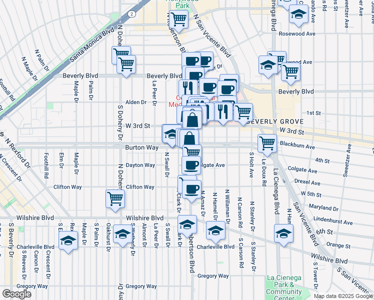 map of restaurants, bars, coffee shops, grocery stores, and more near 8811 Burton Way in West Hollywood