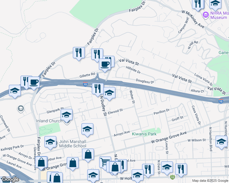 map of restaurants, bars, coffee shops, grocery stores, and more near 1442 Stratus Drive in Pomona