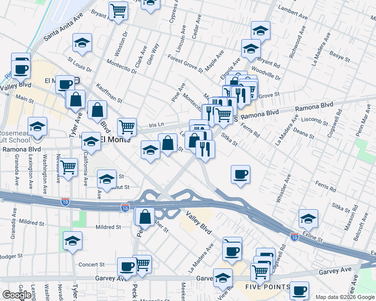 map of restaurants, bars, coffee shops, grocery stores, and more near 11442 Lee Lane in El Monte