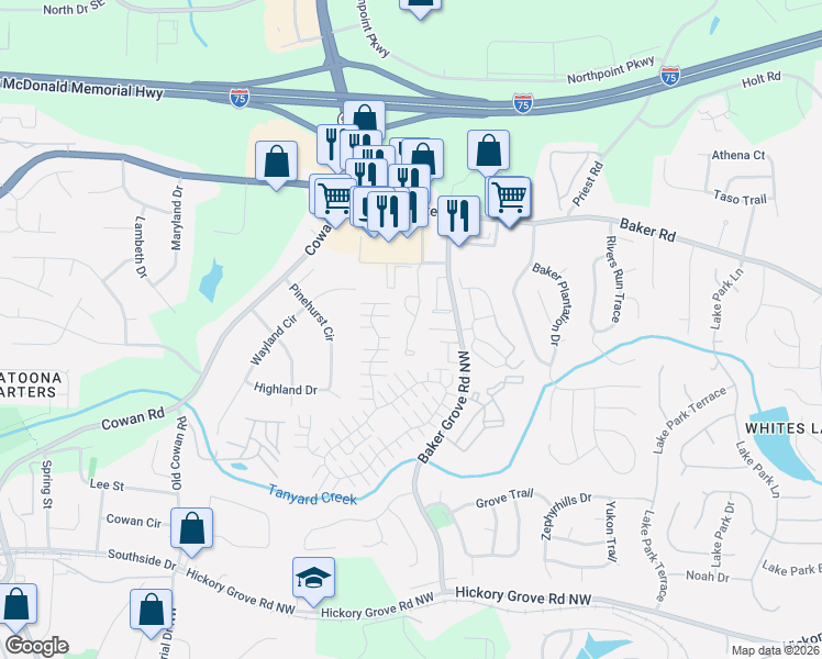 map of restaurants, bars, coffee shops, grocery stores, and more near 4966 Parke Brook Drive in Acworth