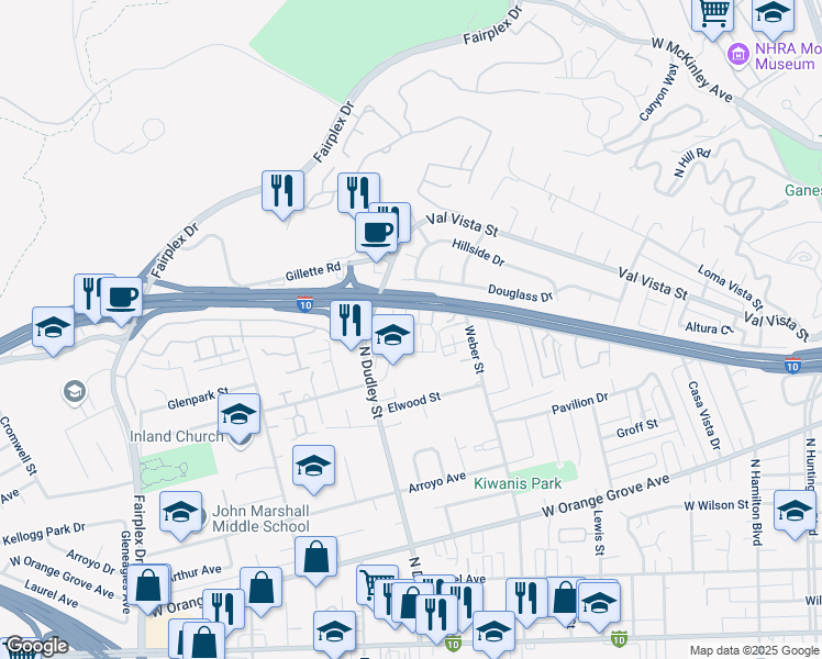 map of restaurants, bars, coffee shops, grocery stores, and more near 1442 Stratus Drive in Pomona
