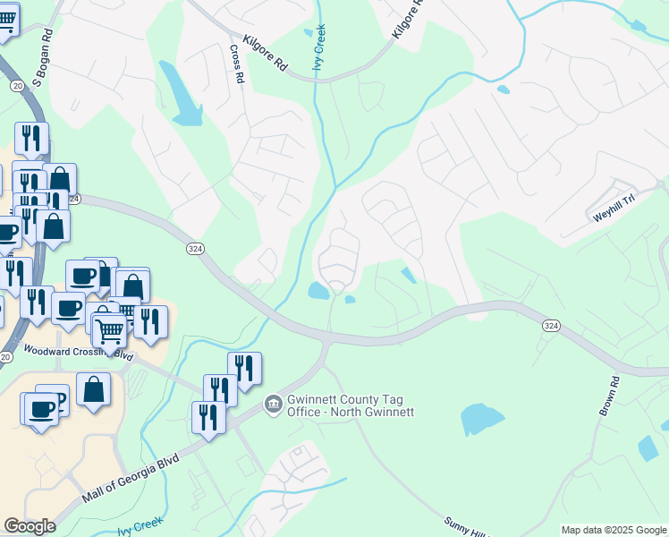 map of restaurants, bars, coffee shops, grocery stores, and more near 2141 Spikerush Way in Buford
