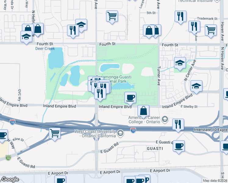 map of restaurants, bars, coffee shops, grocery stores, and more near 2841 East Via Terrano in Ontario