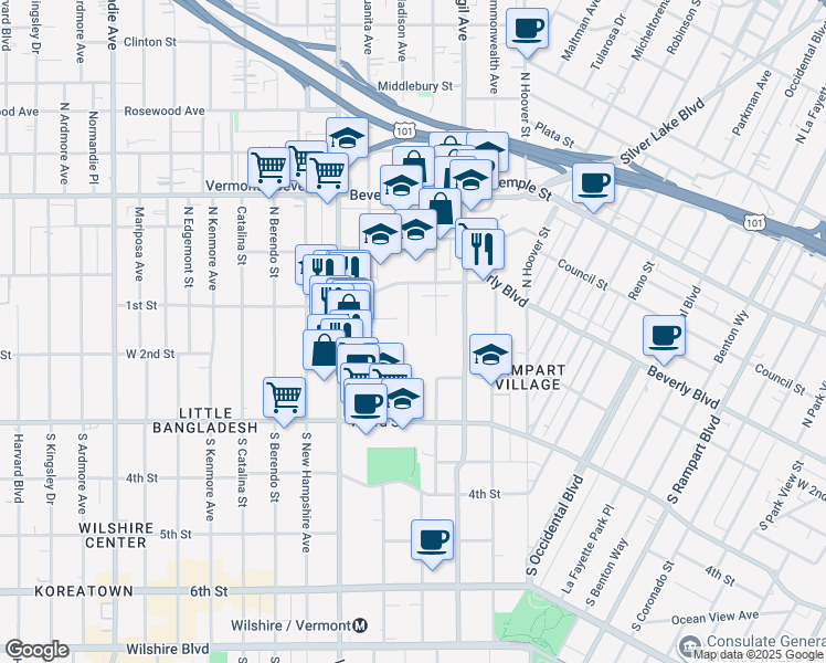 map of restaurants, bars, coffee shops, grocery stores, and more near 129 South Westmoreland Avenue in Los Angeles