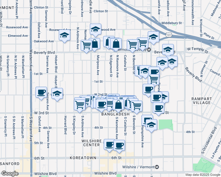 map of restaurants, bars, coffee shops, grocery stores, and more near 100 South Edgemont Street in Los Angeles