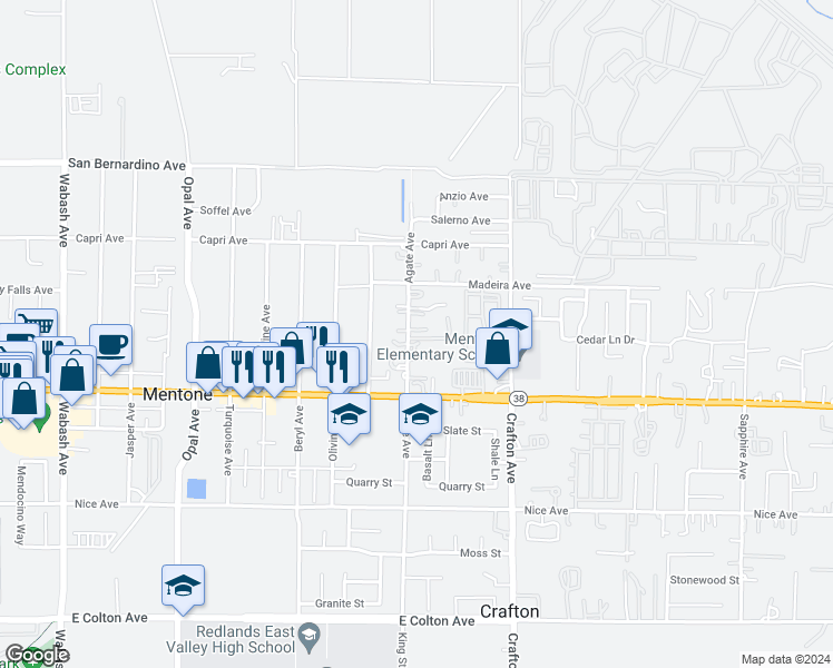 map of restaurants, bars, coffee shops, grocery stores, and more near 1342 Agate Avenue in Mentone