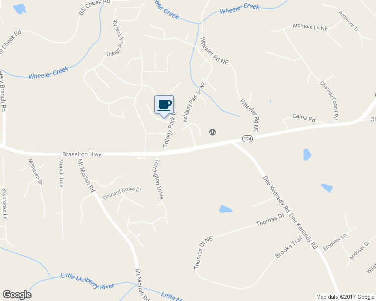 map of restaurants, bars, coffee shops, grocery stores, and more near 5101 Braselton Highway in Hoschton