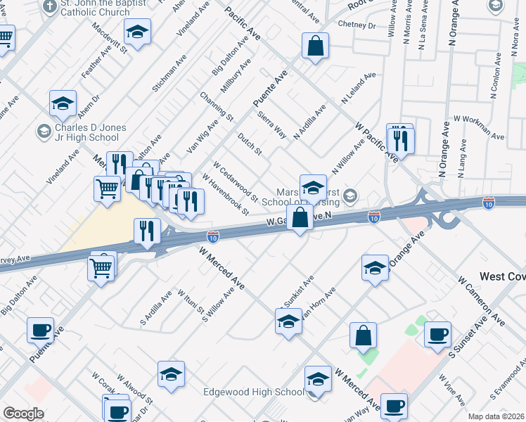 map of restaurants, bars, coffee shops, grocery stores, and more near 2306 West Cedarwood Street in West Covina