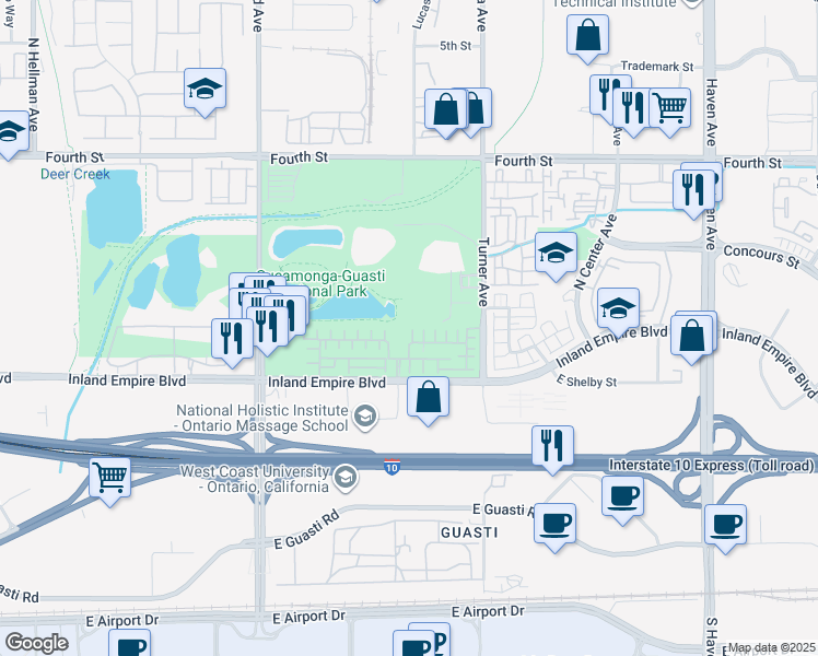 map of restaurants, bars, coffee shops, grocery stores, and more near 2953 East Via Terrano in Ontario