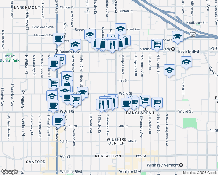 map of restaurants, bars, coffee shops, grocery stores, and more near 143 South Ardmore Avenue in Los Angeles