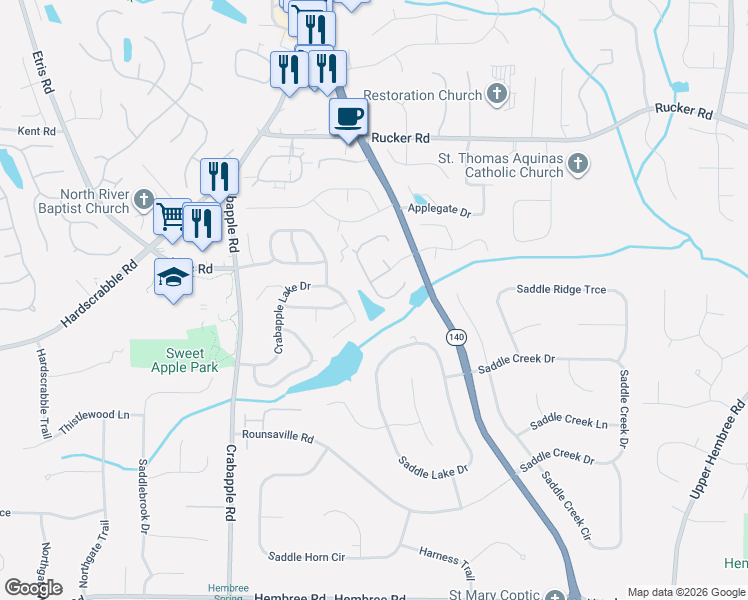 map of restaurants, bars, coffee shops, grocery stores, and more near 1270 Primrose Drive in Roswell