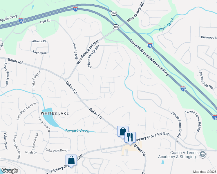 map of restaurants, bars, coffee shops, grocery stores, and more near 2820 Baker Drive in Acworth