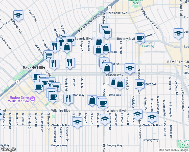 map of restaurants, bars, coffee shops, grocery stores, and more near 315 North Oakhurst Drive in Beverly Hills