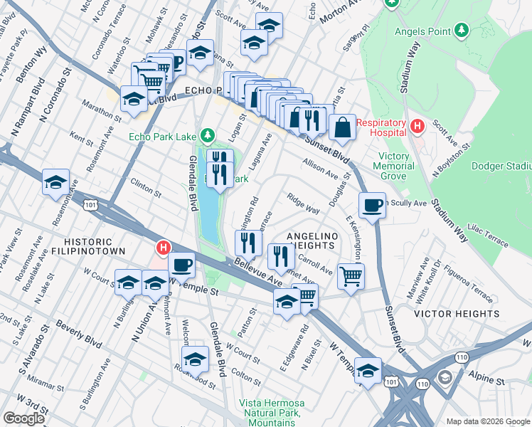 map of restaurants, bars, coffee shops, grocery stores, and more near 821 Laveta Terrace in Los Angeles
