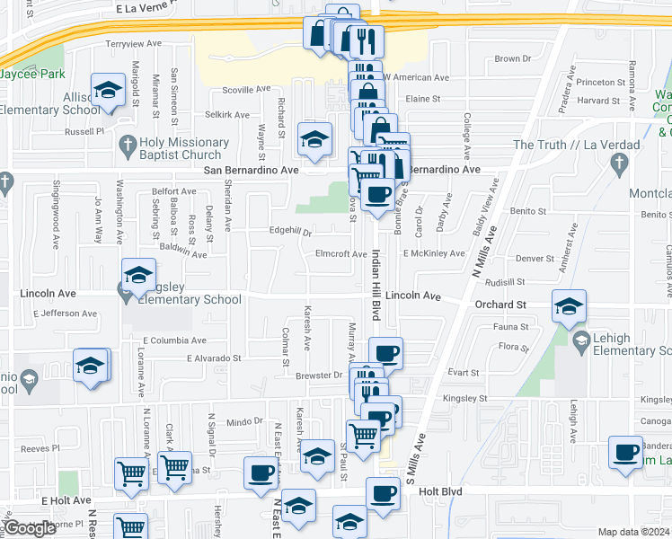 map of restaurants, bars, coffee shops, grocery stores, and more near 1529 Elysian Avenue in Pomona