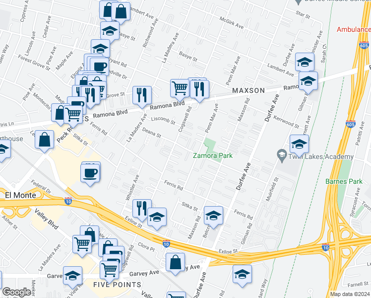 map of restaurants, bars, coffee shops, grocery stores, and more near 12042 Deana Street in El Monte