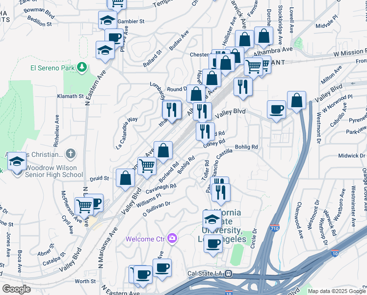 map of restaurants, bars, coffee shops, grocery stores, and more near 5148 Valley Boulevard in Los Angeles