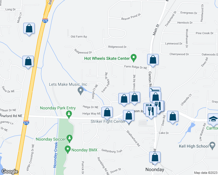 map of restaurants, bars, coffee shops, grocery stores, and more near 716 Walt Lane in Woodstock