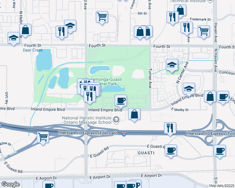 map of restaurants, bars, coffee shops, grocery stores, and more near 2927 East Via Terrano in Ontario