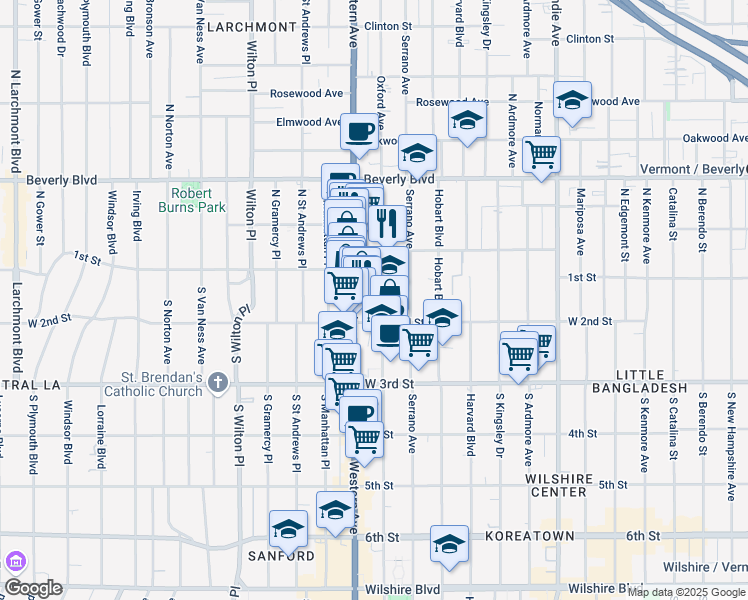 map of restaurants, bars, coffee shops, grocery stores, and more near 155 South Oxford Avenue in Los Angeles