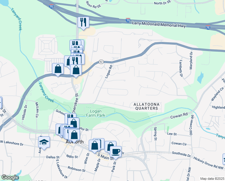map of restaurants, bars, coffee shops, grocery stores, and more near 4211 Brandy Ann Drive in Acworth