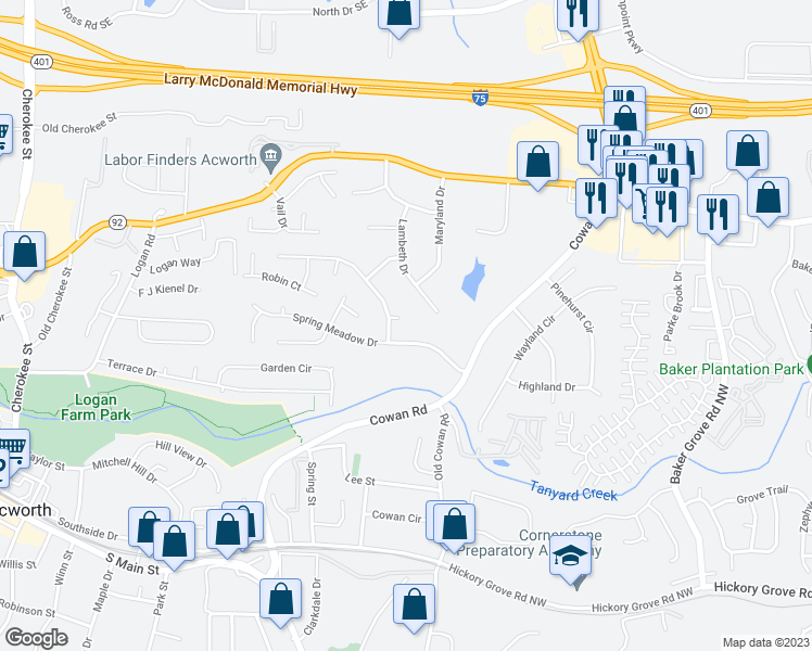 map of restaurants, bars, coffee shops, grocery stores, and more near 4222 Lilac Court in Acworth