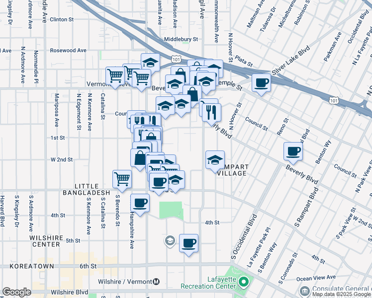 map of restaurants, bars, coffee shops, grocery stores, and more near 129 South Westmoreland Avenue in Los Angeles