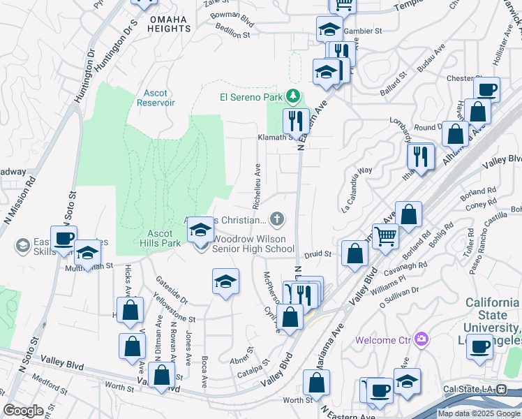 map of restaurants, bars, coffee shops, grocery stores, and more near 2332 Richelieu Avenue in Los Angeles
