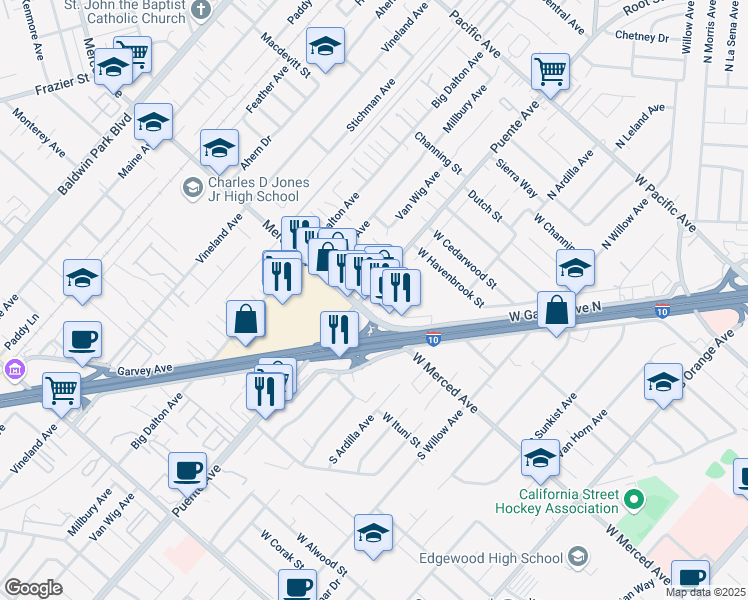 map of restaurants, bars, coffee shops, grocery stores, and more near Park Centre Street in Baldwin Park