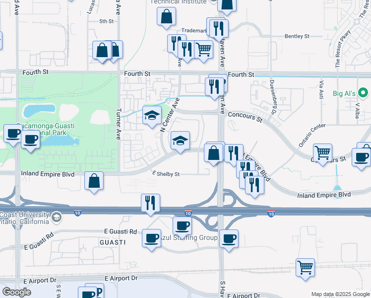 map of restaurants, bars, coffee shops, grocery stores, and more near 3397 Inland Empire Boulevard in Ontario