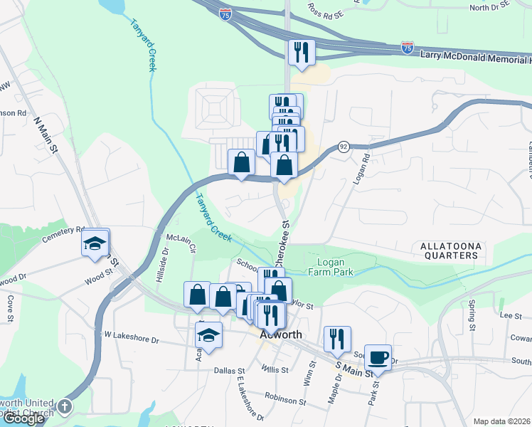 map of restaurants, bars, coffee shops, grocery stores, and more near 5028 Jenny Drive in Acworth