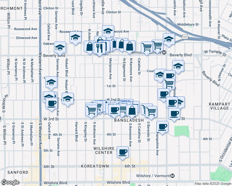 map of restaurants, bars, coffee shops, grocery stores, and more near 110 South Mariposa Avenue in Los Angeles