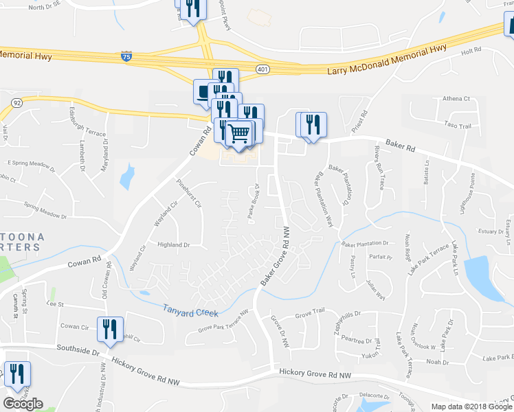 map of restaurants, bars, coffee shops, grocery stores, and more near 4954 Parke Brook Drive in Acworth