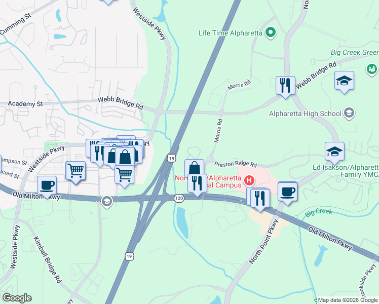 map of restaurants, bars, coffee shops, grocery stores, and more near 24 Country Place Court in Alpharetta