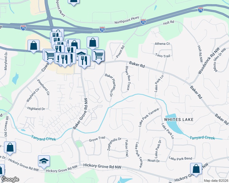 map of restaurants, bars, coffee shops, grocery stores, and more near 4810 Baker Plantation Drive in Acworth