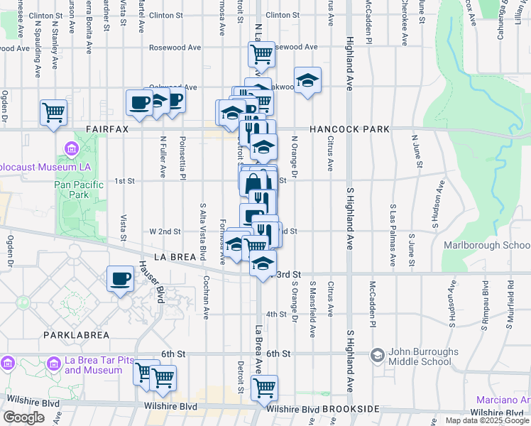 map of restaurants, bars, coffee shops, grocery stores, and more near 126 South La Brea Avenue in Los Angeles