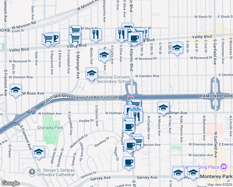map of restaurants, bars, coffee shops, grocery stores, and more near 1836 South Curtis Avenue in Alhambra