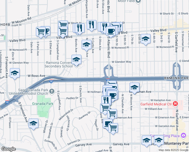 map of restaurants, bars, coffee shops, grocery stores, and more near 1221 West Ramona Road in Alhambra