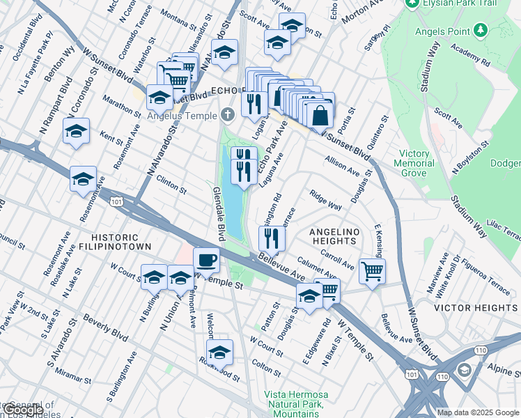 map of restaurants, bars, coffee shops, grocery stores, and more near 748 Echo Park Terrace in Los Angeles