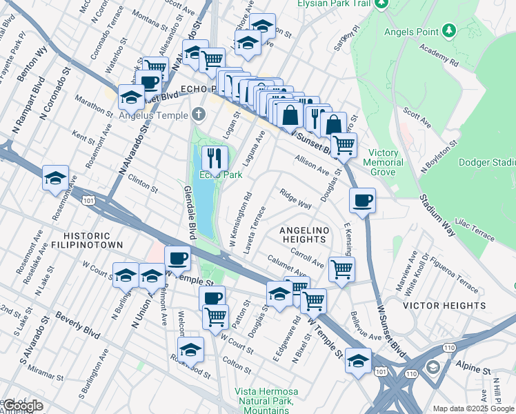 map of restaurants, bars, coffee shops, grocery stores, and more near 821 Laveta Terrace in Los Angeles