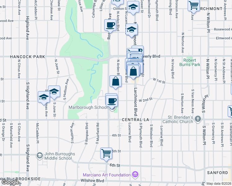 map of restaurants, bars, coffee shops, grocery stores, and more near 131 South Arden Boulevard in Los Angeles