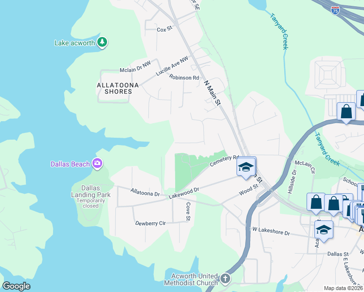 map of restaurants, bars, coffee shops, grocery stores, and more near 5208 Bowsprit Point in Acworth