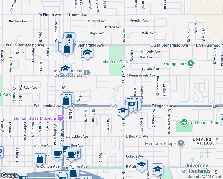 map of restaurants, bars, coffee shops, grocery stores, and more near 715 Church Place in Redlands