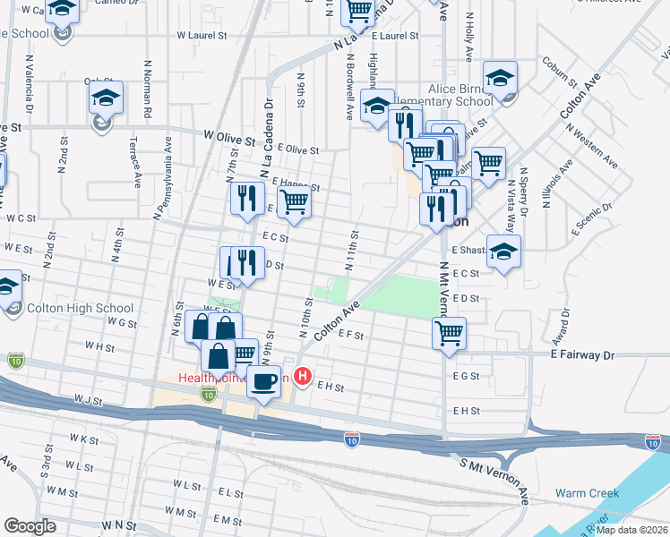 map of restaurants, bars, coffee shops, grocery stores, and more near 326 East C Street in Colton