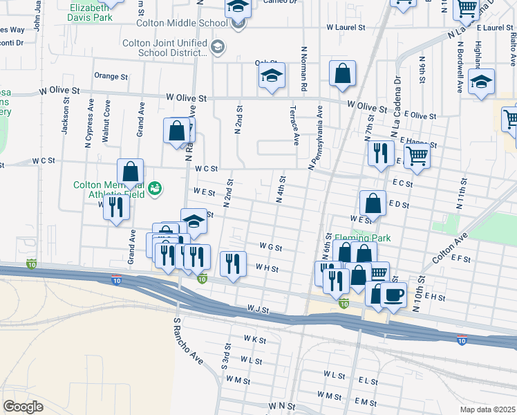 map of restaurants, bars, coffee shops, grocery stores, and more near 611 West E Street in Colton