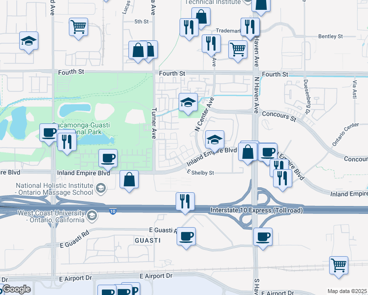 map of restaurants, bars, coffee shops, grocery stores, and more near 835 North Center Avenue in Ontario