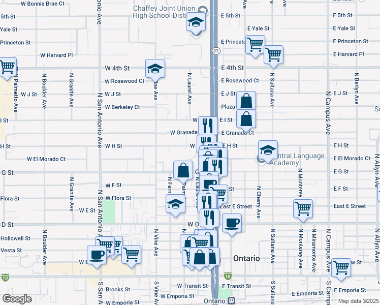 map of restaurants, bars, coffee shops, grocery stores, and more near 130 West H Street in Ontario