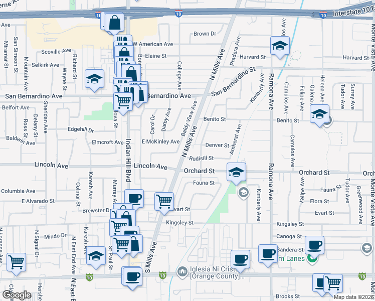 map of restaurants, bars, coffee shops, grocery stores, and more near 9993 North Mills Avenue in Montclair