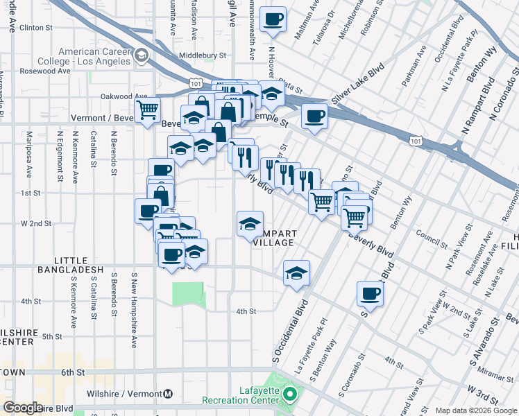 map of restaurants, bars, coffee shops, grocery stores, and more near 134 South Commonwealth Avenue in Los Angeles