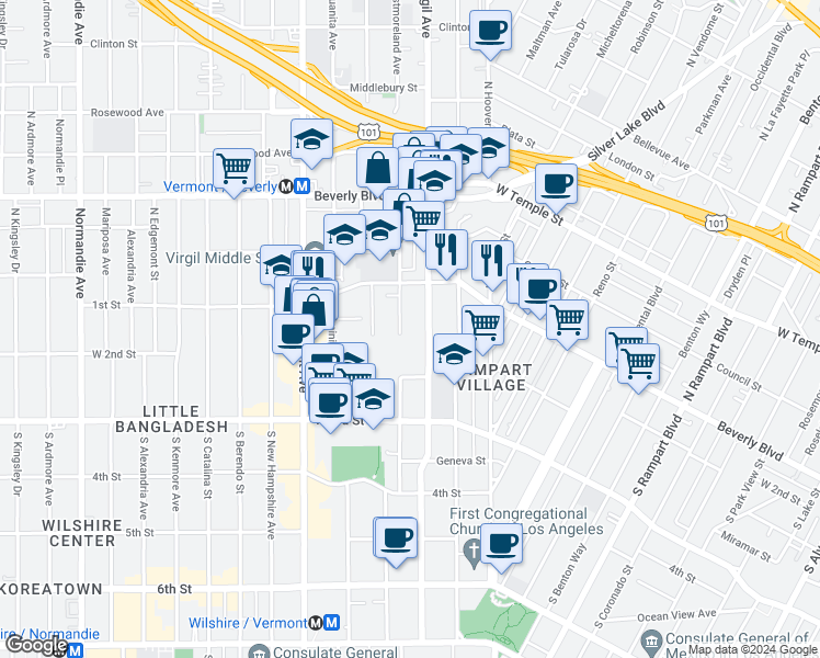 map of restaurants, bars, coffee shops, grocery stores, and more near 133 South Virgil Avenue in Los Angeles